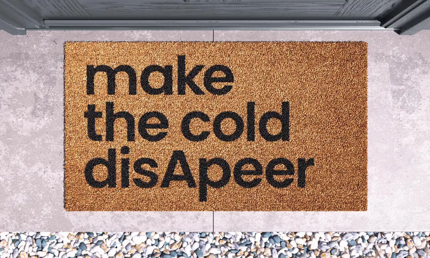 A brown coir welcome mat with black text that reads 'make the cold disApeer,' placed at the base of a gray door with a wood-grain finish, on a pebble and concrete doorstep.