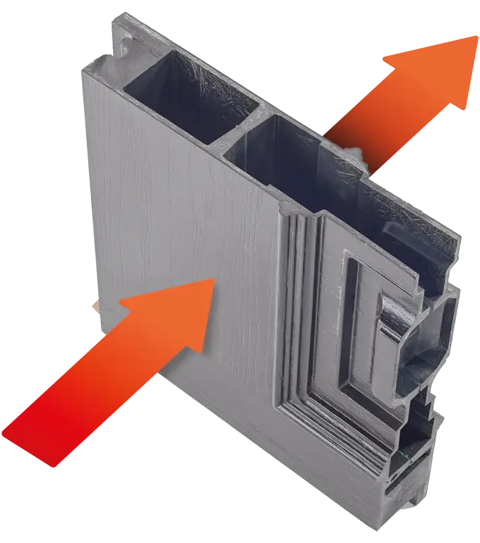 A detailed cross-section of a gray door with a wood-grain finish, showcasing internal hollow chambers for insulation. Red arrows indicate heat retention capabilities, emphasizing thermal efficiency.
